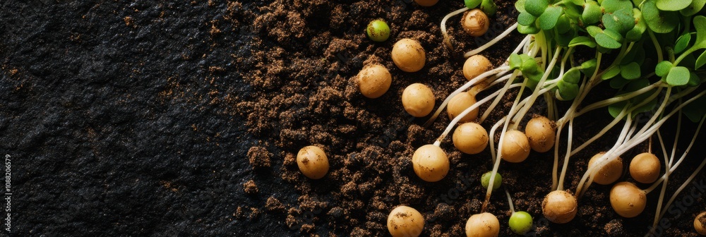Poster sprouts emerge from soil as seeds lay scattered nearby, showcasing the beginnings of life in a nurtu