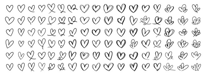 Mega set of Doodle Heart Shape handdrawn scribble hearts line