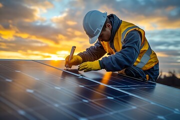 Engineer Installing Solar Panels at Sunset for Sustainable Energy Solutions and Green Technology : Generative AI