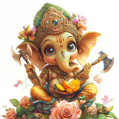 Ganesha, white background, the god of success, wisdom, intelligence and obstacles. He is one of the most popular gods.
