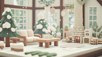Cozy Winter Living Room: A miniature, snow-dusted winter wonderland scene.  Warm, inviting living room with fireplace, Christmas trees, and comfy furniture.