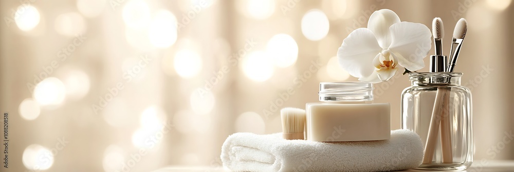 Poster luxury spa cosmetic essentials with orchid and bokeh lights : generative ai