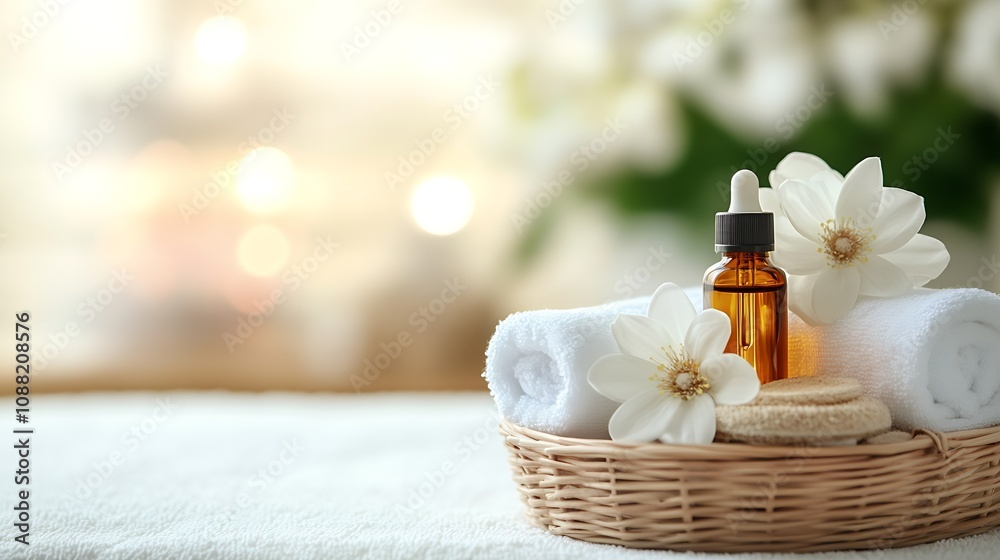 Poster spa setting with aromatherapy oil bottle towels and flowers in relaxing background : generative ai