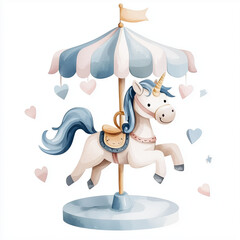 Naklejka premium Whimsical Unicorn Carousel: Watercolor illustration of a charming unicorn enjoying a ride on a pastel-colored carousel, surrounded by hearts and stars. Perfect for children's books, nursery decor.