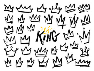 Set of crown icon in brush stroke texture paint style. hand drawn illustration