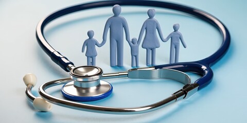 Family Healthcare: A family figure stands in the center of a stethoscope, symbolizing family health and well-being. The image is perfect for representing health insurance, family doctors.