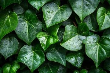Fototapeta premium Close-up of Dew-covered Ivy Leaves in a Dense Natural Forest : Generative AI