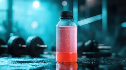 Energy-infused sports drink bottle in neon glow against gym backdrop, symbolizing intensity and power, sports drinks  electrolytes  power