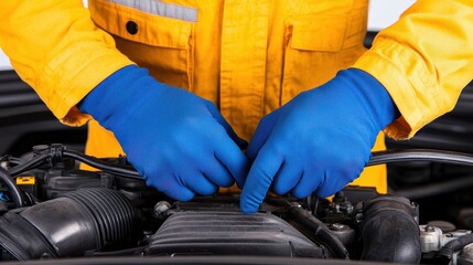 Fototapeta premium A mechanic in a yellow jacket and blue gloves repairs an engine, focusing on maintenance and precision in automotive service.