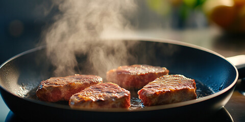 Fototapeta premium Sizzling meat in hot pan creates mouthwatering aroma, with steam rising as chef expertly sears steaks to perfection