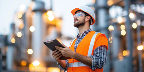 worker in orange safety vest and helmet inspects machinery with clipboard, showcasing diligence in industrial setting