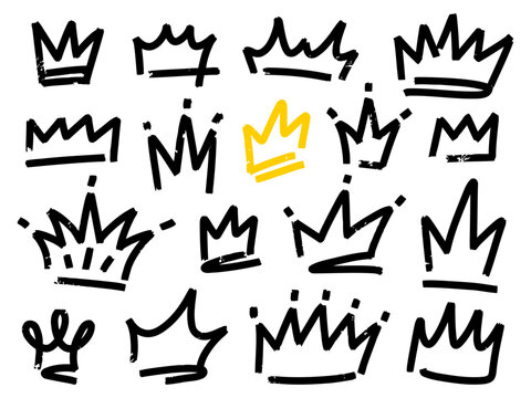 Sketch crown. Simple graffiti crowning, elegant queen or king crowns hand drawn. Royal imperial coronation symbols, monarch majestic jewel tiara isolated icons vector illustration set