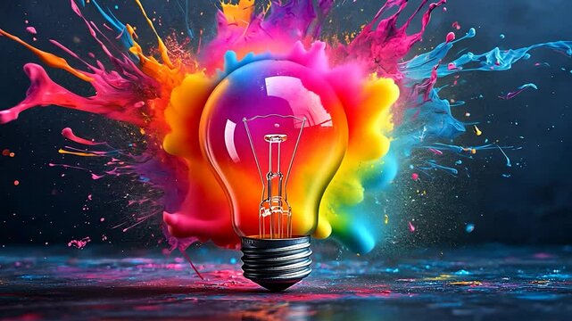 Creative concept light bulb explodes with colorful water colors on a light background. Think different, creative idea.