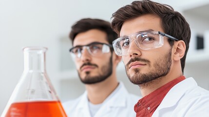 Two male scientists in lab coats and safety glasses, analyzing a flask filled with orange liquid in a modern laboratory setting.