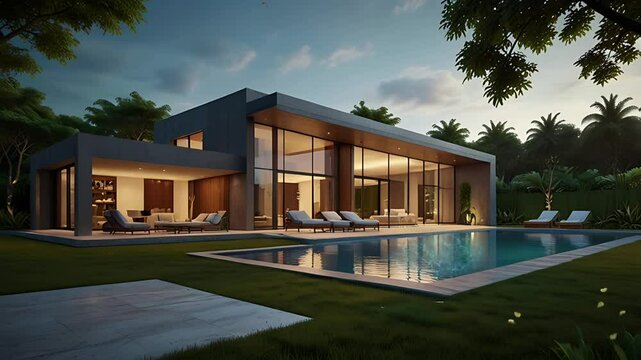 A luxury house in the middle of the forest with a swimming pool. Seamless 4K looping timelapse video animation background