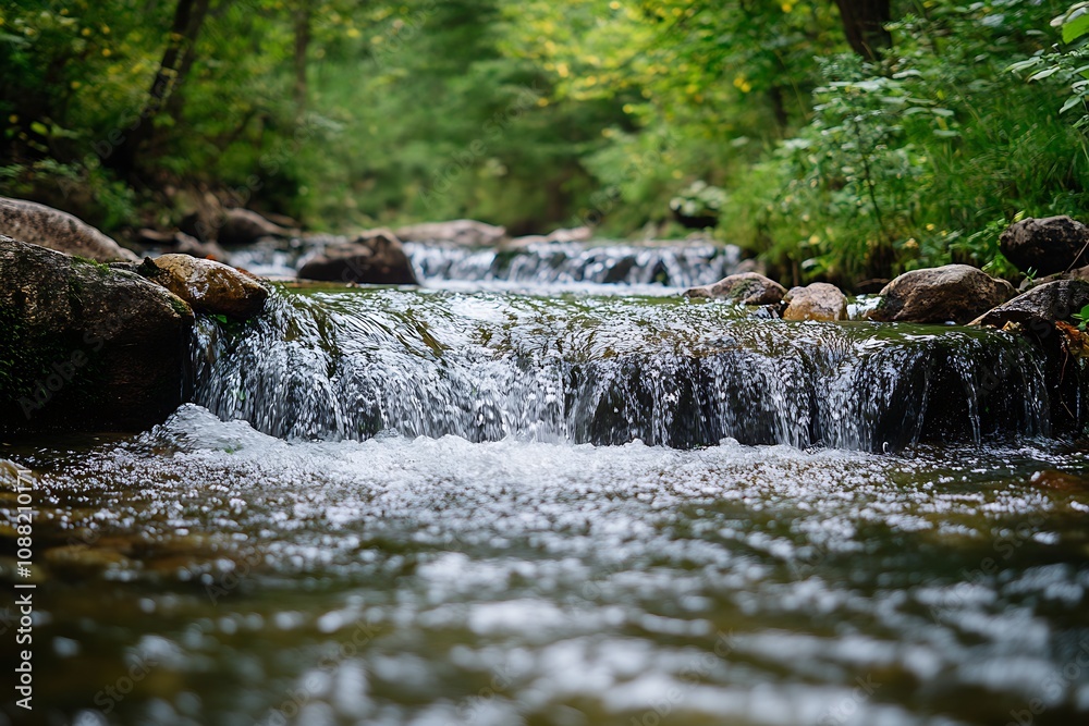 Poster peaceful brook in the forest with flowing water over rocks in a green natural setting : generative a