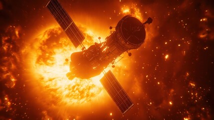 A spacecraft or satellite is depicted orbiting a fiery sun, showcasing vibrant flames and cosmic energy in a stunning celestial scene.