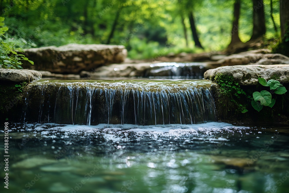 Poster small cascading waterfall in forest stream surrounded by lush greenery : generative ai