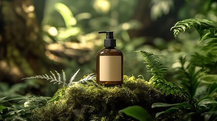 Organic Skincare Bottle Amidst Lush Moss and Ferns in a Verdant Forest Scene : Generative AI