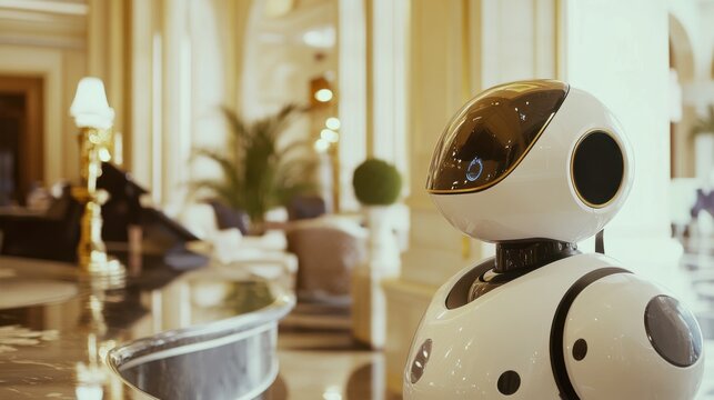 A robotic concierge assisting guests in a luxury hotel lobby, opulent and service-oriented setting with grand interiors and attentive staff, Luxury Hotel Concierge Robotics style