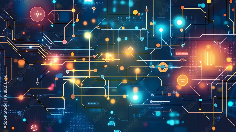 Aufkleber Vibrant Digital Circuit with Glowing Connections and Abstract Patterns : Generative AI