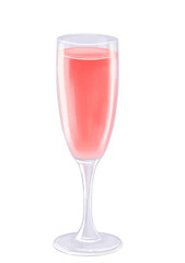 pink champagne in flute glass hand drawn watercolor illustration png cut out