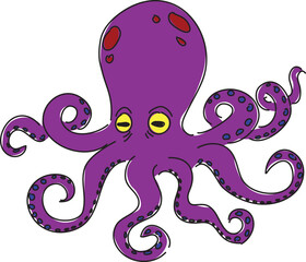 A purple octopus with yellow eyes and red spots on its head spread its long tentacles
