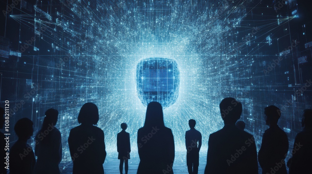 Fototapete a diverse group stands captivated in front of an abstract ai visualization, engaged in a tech discus