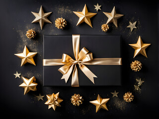 Black Friday sale flat lay with stylish gift box present and ribbon with gold star glitter on black background, flat lay, top view, copy space, xmas and holidays concept