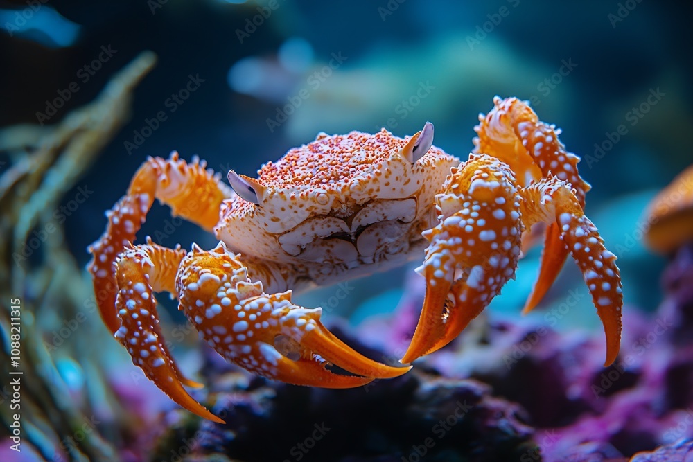 Poster Close-up of a Vibrant Orange Crab in a Colorful Ocean Habitat : Generative AI