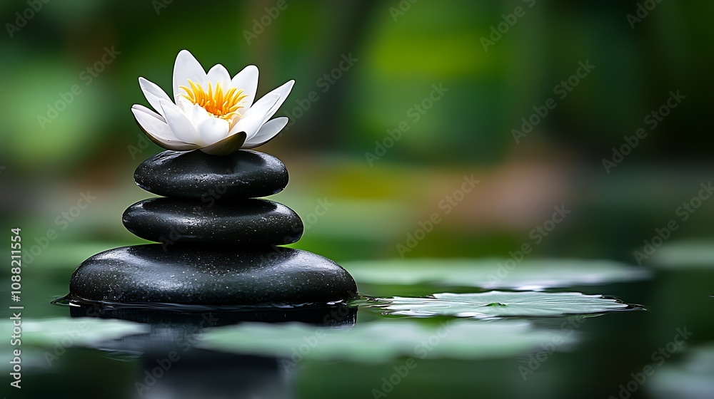 Aufkleber calming spa atmosphere with water lily on stones surrounded by serene aquatic foliage : generative a