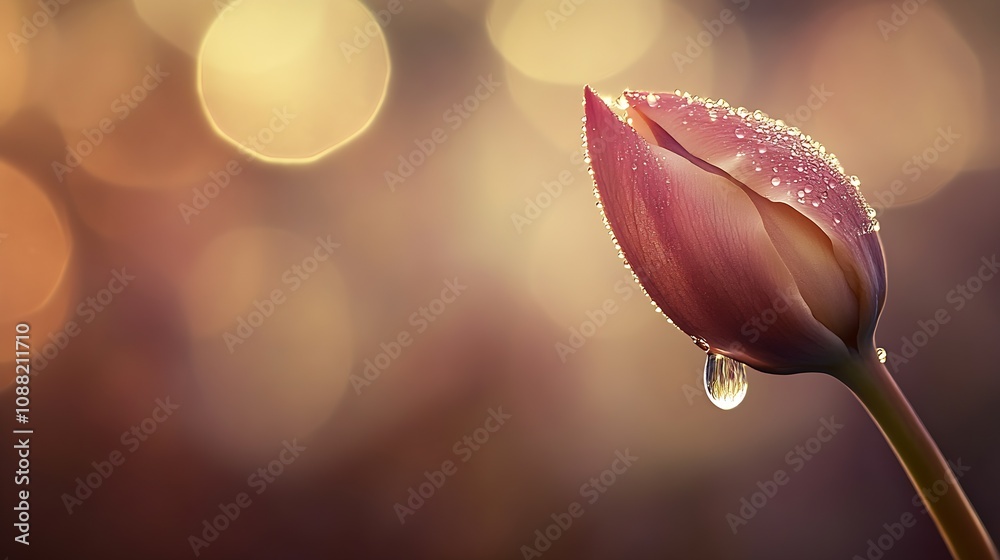 Poster Macro Shot of Dew-Kissed Tulip with Moody Bokeh and Elegant Lighting at Dawn : Generative AI