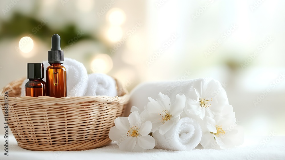 Poster cozy spa setting with aromatherapy oils and white towels in wicker basket : generative ai