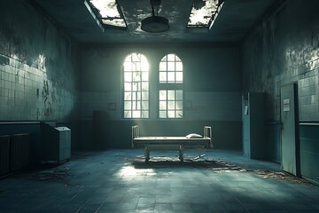 A dimly lit, abandoned room with a table, evoking a sense of decay and neglect.