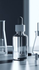 Minimalist glass dropper bottle on laboratory table with blurred scientific instruments : Generative AI