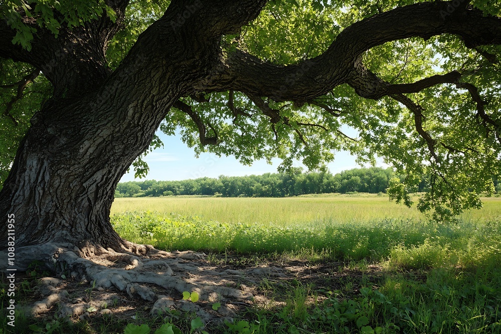 Poster majestic oak tree overlooking a vast field with greenery and blue skies : generative ai
