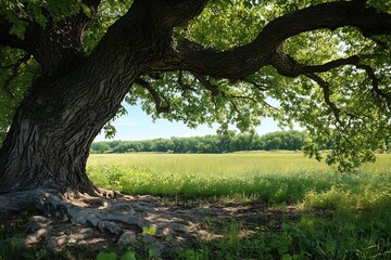 Fototapeta premium Majestic Oak Tree Overlooking a Vast Field with Greenery and Blue Skies : Generative AI