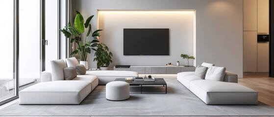 Trendy modern open living room with corner white sofas near round pouf seating and black table, blank TV on white concrete wall