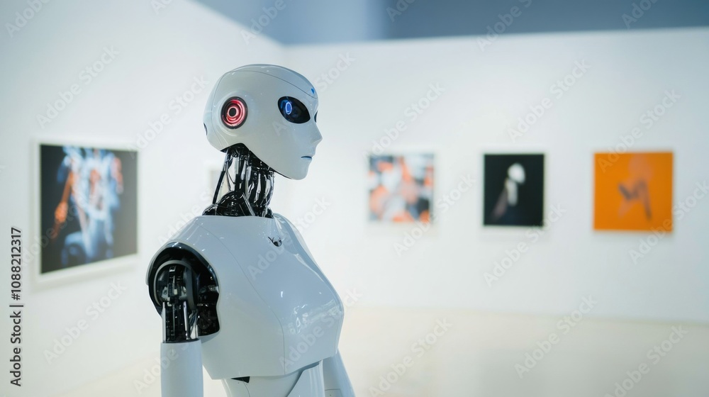 Poster a robotic curator managing a futuristic art exhibition in a high-tech museum, avant-garde and sophis