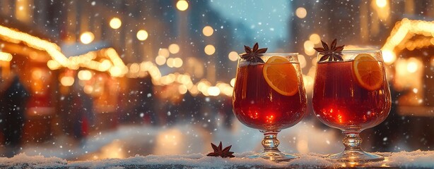 Two glasses of hot mulled spicy wine with cookies at a Christmas market illuminated at night in decembe