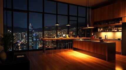 Modern Kitchen with Ambient Lighting and City View