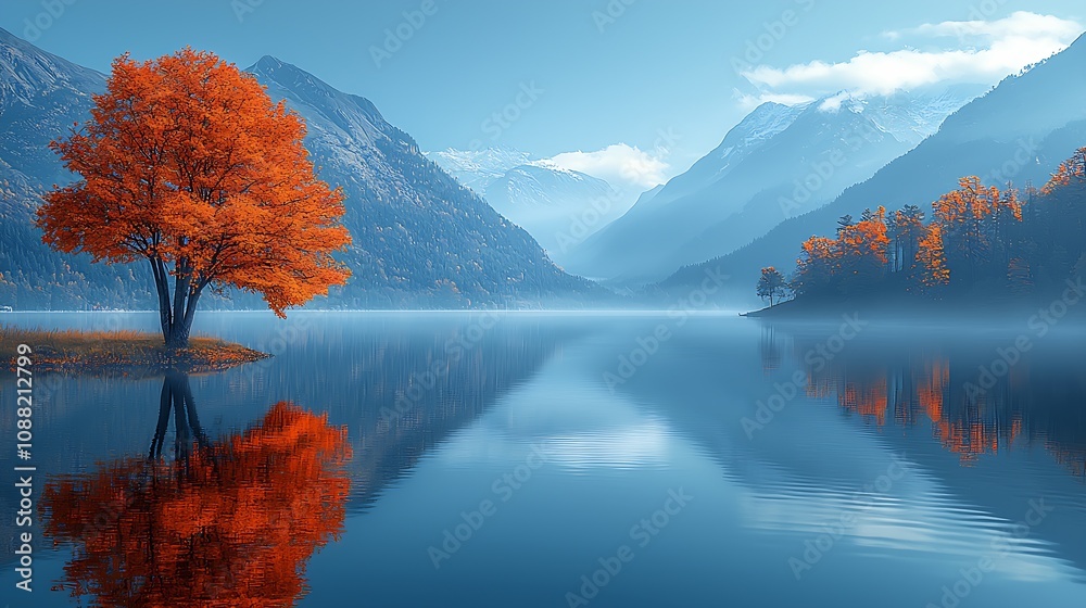 Poster solitary autumn tree reflecting in pristine lake amidst snow-capped mountains : generative ai