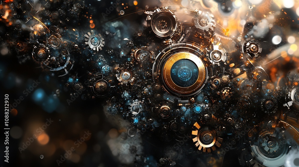 Poster intricate steampunk gears and cogs mechanical art reflecting steampunk culture and creativity : gene