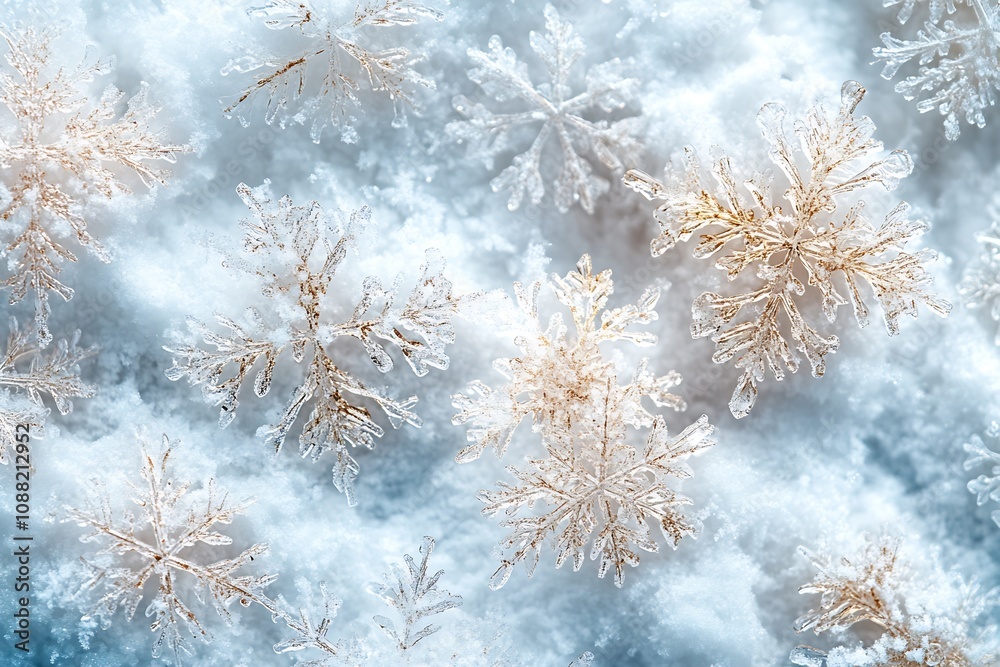 Poster closeup of intricate snowflakes resting on soft snow crystals under bright winter sunlight : generat
