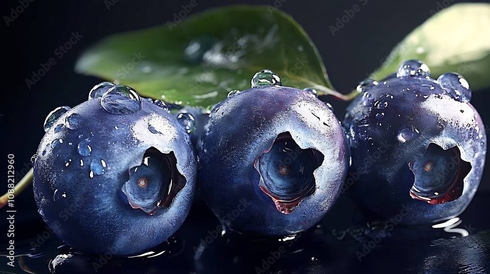 Poster Macro View of Dewy Blueberries Arranged with Leaves on Dark Artistic Background : Generative AI