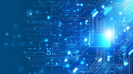 Futuristic Blue Digital Circuit Board with Glowing Microchip Elements for Technology Themes : Generative AI