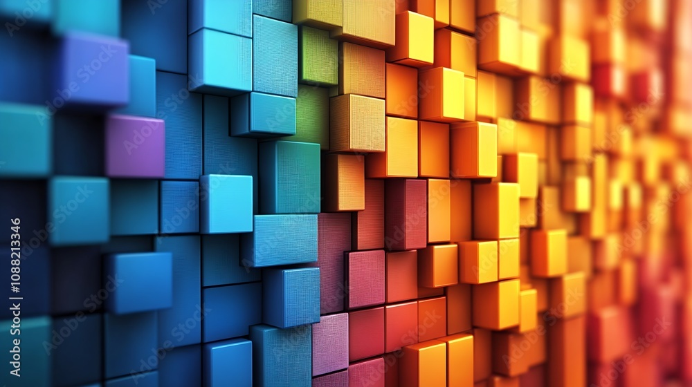 Fototapete Vivid 3D Abstract Geometric Blocks in Gradient Spectrum Array : Generative AI