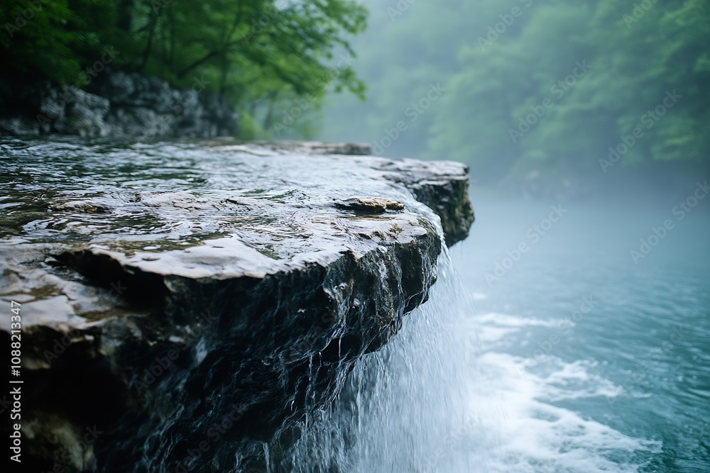 Poster Misty waterfall cascading over rugged rocks in a tranquil forest setting : Generative AI