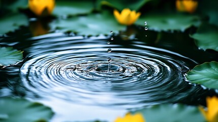 Serene water lily pond ripple with drops creating perfect circles : Generative AI