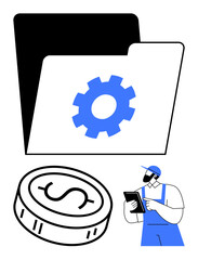 Gear-emblazoned file folder, dollar coin, worker in blue using a tablet. Ideal for business, finance, operations, productivity, efficiency technologic solutions workflows. Line metaphor